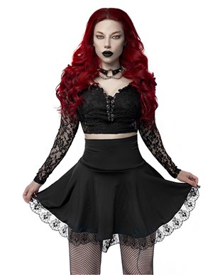 Goth Black Pleated Lace Edge Skirt 