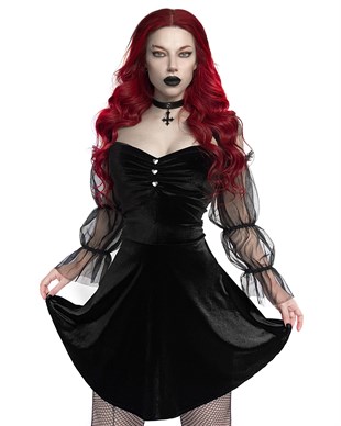 Goth Black Velvet Lace Sleeve Dress Gothic